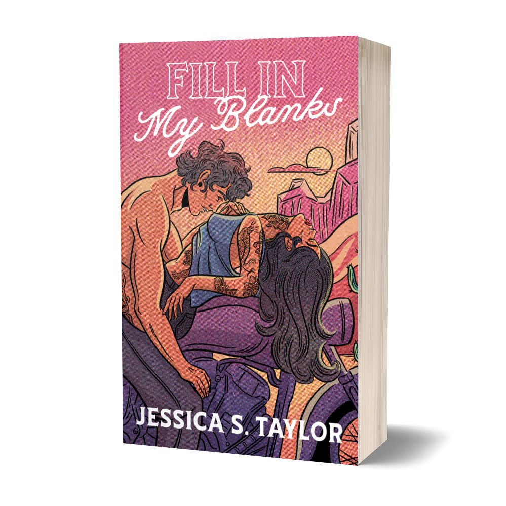 A 3D mockup of a paperback book titled 'Fill In My Blanks' by Jessica S. Taylor, featuring a pink and purple illustrated cover with a couple embracing, set against a plain white background.