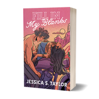 A 3D mockup of a paperback book titled 'Fill In My Blanks' by Jessica S. Taylor, featuring a pink and purple illustrated cover with a couple embracing, set against a plain white background.